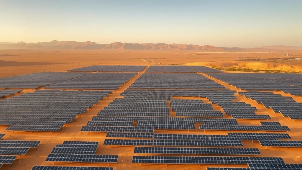 Aerial view of sprawling solar panel farm in desert landscape with mountains in distance, golden hour lighting, photorealistic, no text or labels visible