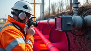 Modern utility technician using advanced thermal imaging camera to detect natural gas leaks in underground pipeline infrastructure, professional equipment, daylight outdoor setting