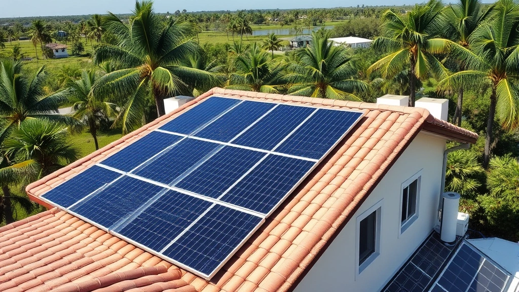 Solar panels installed on residential rooftop in Florida panhandle landscape with palm trees, clean energy alternative to natural gas heating systems