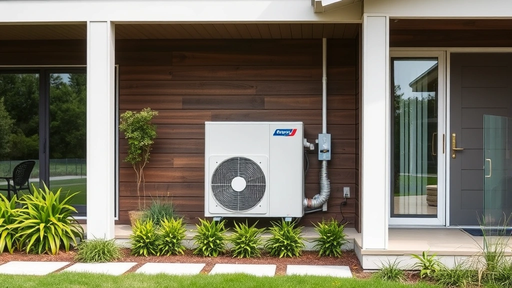 Electric heat pump unit mounted on exterior of modern home with green landscaping, sustainable heating technology replacing fossil fuel dependency