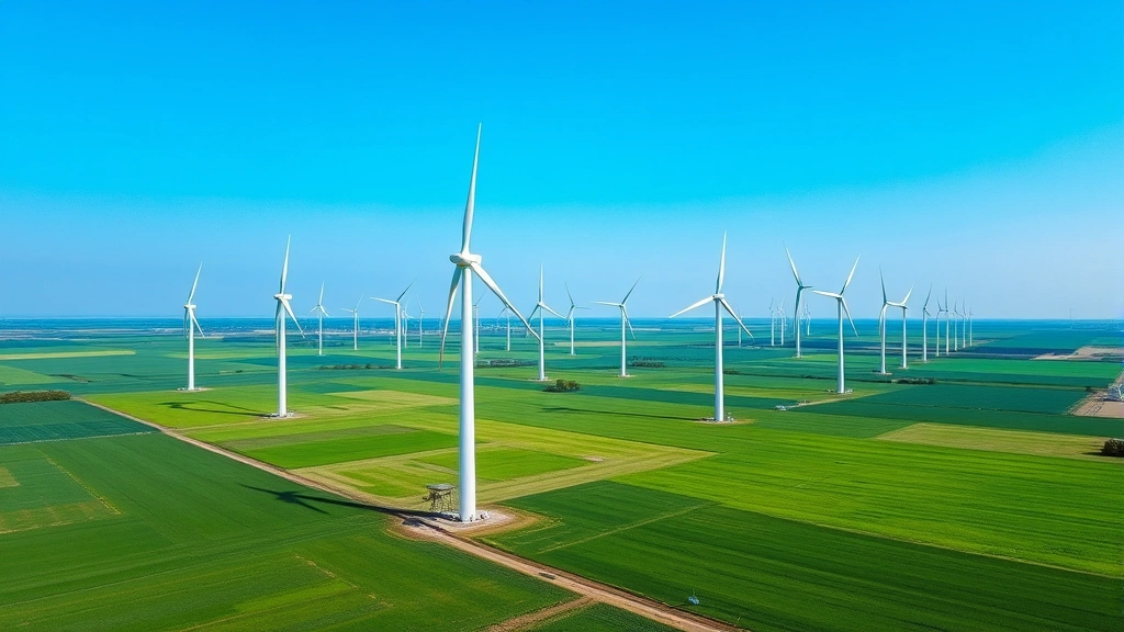 Aerial view of wind turbines rotating in a vast green field with blue sky, representing clean renewable energy infrastructure