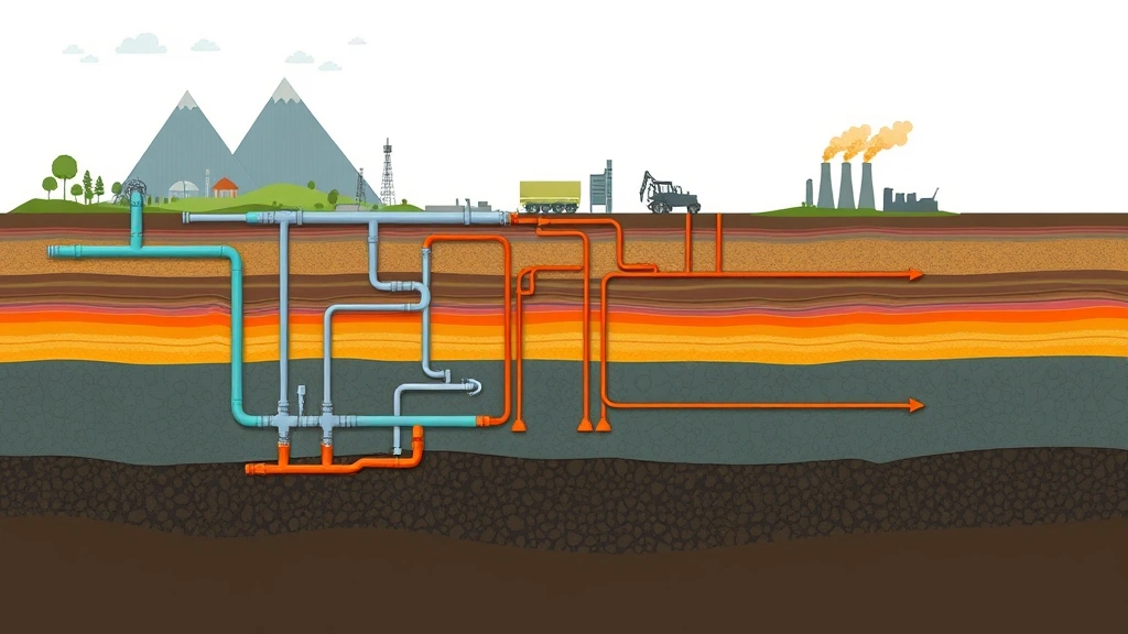 Underground pipeline network cross-section showing industrial infrastructure with geological layers, illustrating fossil fuel extraction systems