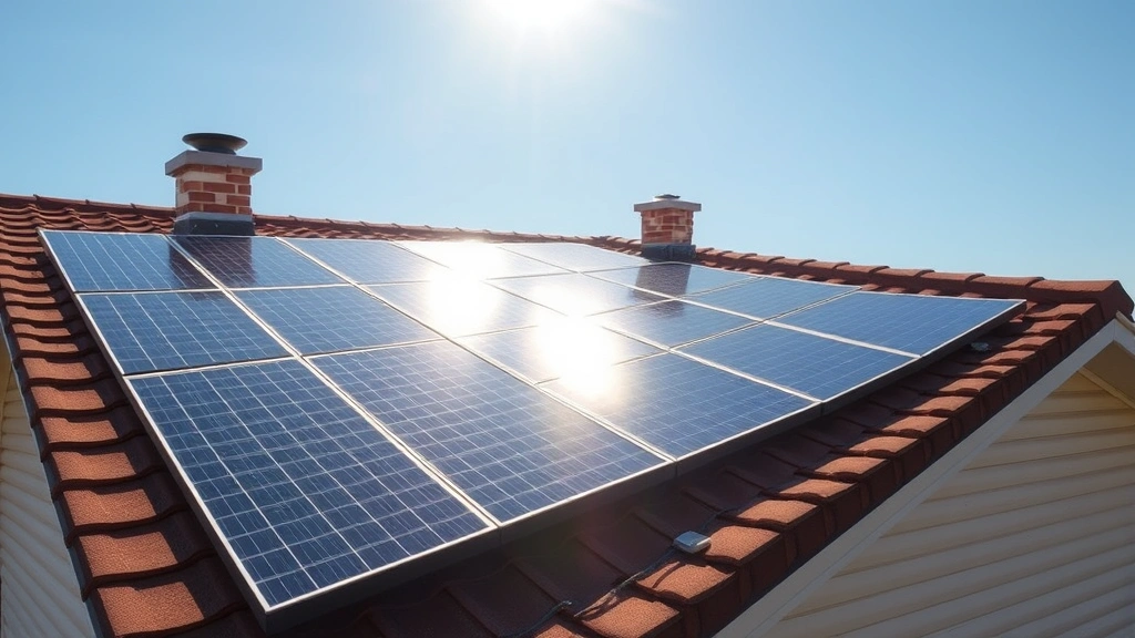 Rooftop solar panels installed on residential home with bright sunlight reflecting, demonstrating renewable energy alternatives to natural gas