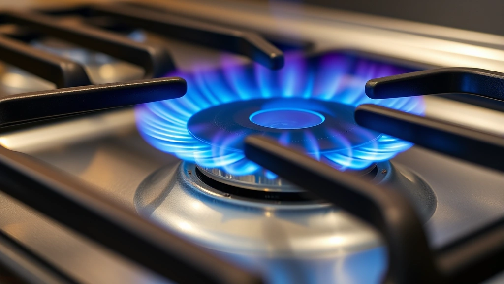 Close-up of a gas stove burner with a bright blue flame burning efficiently with proper oxygen mixing, clean burner ports visible, natural lighting from kitchen