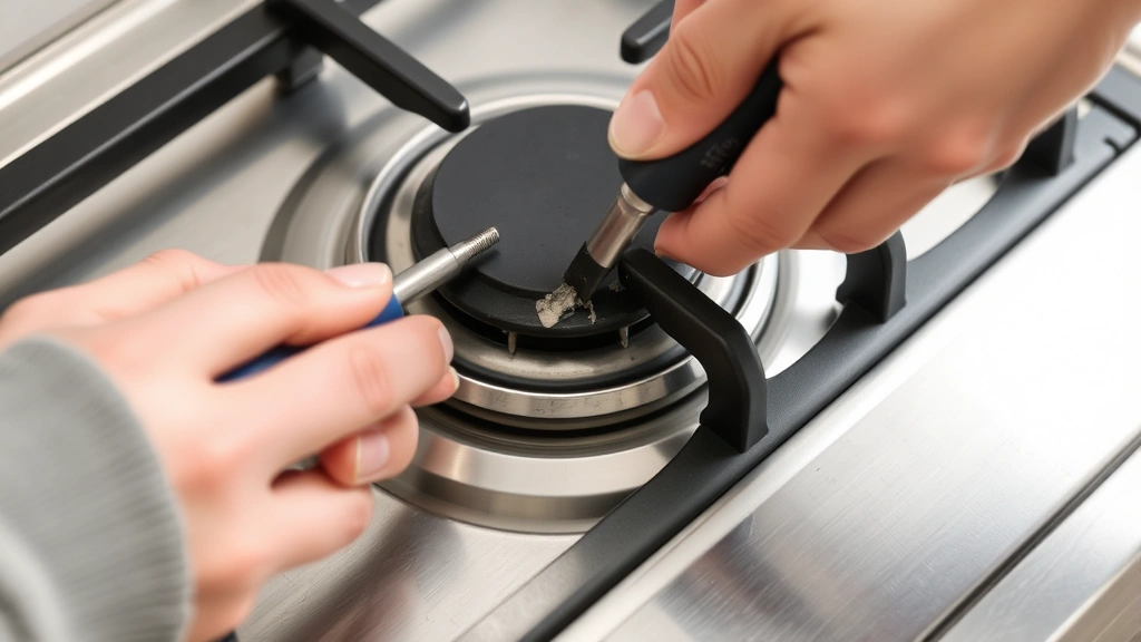 Hands cleaning a gas burner head with a small tool, removing debris and buildup from burner ports, showing proper maintenance technique on a stainless steel stovetop
