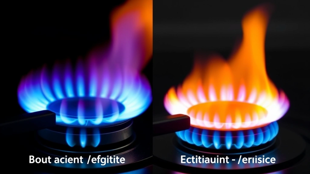 Split-screen comparison showing a blue flame on left side versus an orange flame on right side of gas burner, demonstrating combustion differences and efficiency contrast