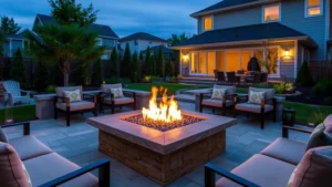 Modern outdoor patio with elegant gas fire pit surrounded by comfortable seating, ambient evening lighting, lush green landscaping, clean flames visible, no people, professional backyard setting