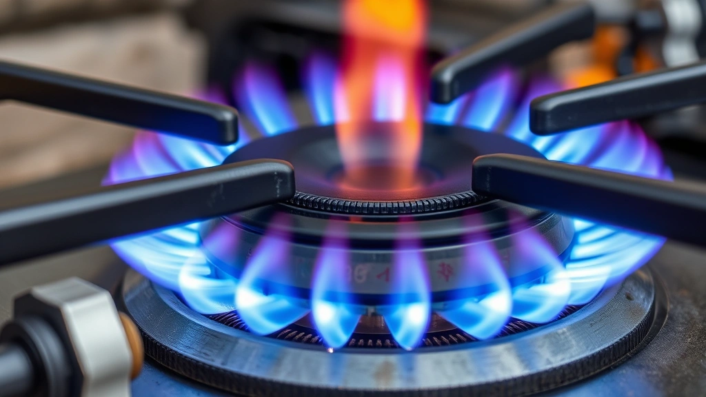 Close-up of efficient gas burner system with blue flames, detailed burner components, outdoor installation context, professional quality, showing combustion clarity, no text or labels visible