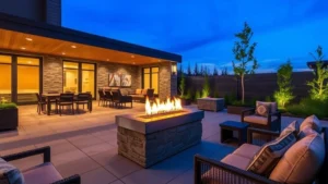 Modern outdoor patio with sleek gas fireplace feature, warm flames glowing, surrounded by comfortable seating, evening dusk lighting, contemporary stone construction, no text or labels visible, photorealistic