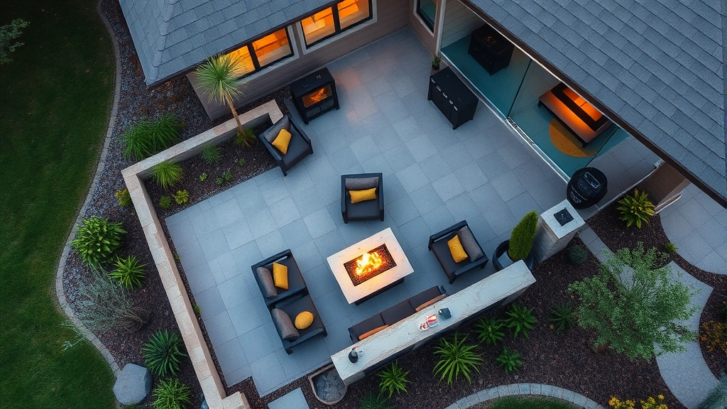 Aerial view of residential property showing eco-friendly outdoor living space with integrated gas fireplace installation, landscaping with native plants, sustainable materials visible, natural lighting, no signage or text