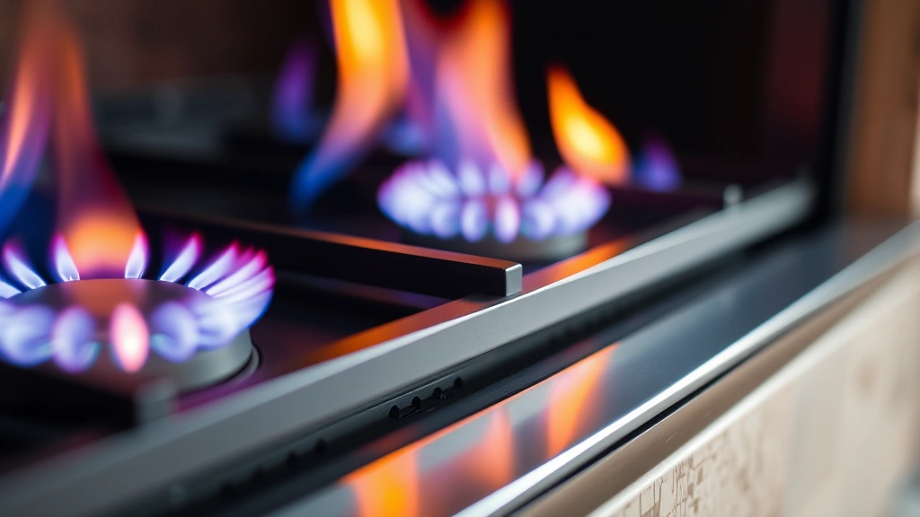 Close-up of efficient gas fireplace burner system showing modern ignition technology, clean flame pattern, professional installation detail, warm ambient lighting, no identifying marks or text visible, technical clarity