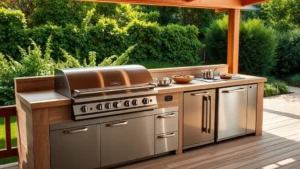 Modern stainless steel outdoor kitchen with gas stove, natural wooden decking, lush green garden background, professional cooking setup, afternoon sunlight
