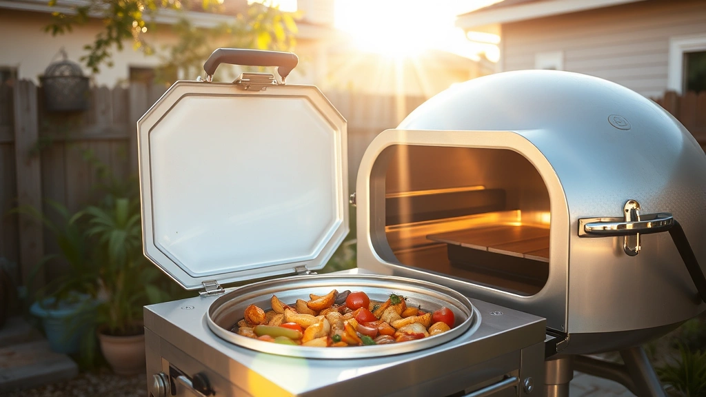 Solar cooking oven in use with food inside, bright sunlight, residential backyard setting, eco-friendly outdoor kitchen space with plants nearby