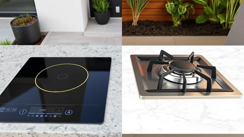 Comparison scene: electric induction outdoor cooktop alongside traditional gas burner, both in outdoor kitchen setting, modern sustainable home design