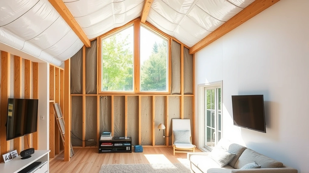 Interior view of sustainable home with visible insulation work, efficient window installation, and clean energy infrastructure components, modern eco-friendly living space