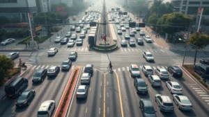 Aerial view of busy urban intersection with multiple cars stuck in traffic congestion, showing pollution haze and crowded streets, photorealistic, daytime, high contrast between vehicles and empty bike lane
