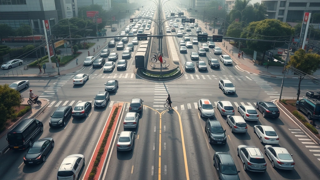 Aerial view of busy urban intersection with multiple cars stuck in traffic congestion, showing pollution haze and crowded streets, photorealistic, daytime, high contrast between vehicles and empty bike lane