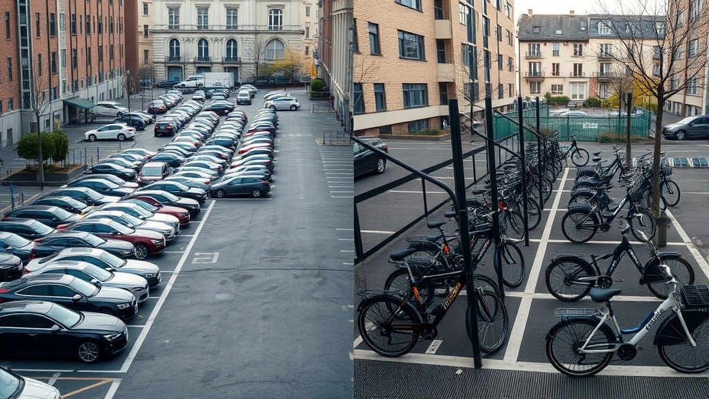 Split-screen comparison showing left side: dense row of parked cars in urban parking lot taking up vast space, right side: dozens of bicycles neatly parked in compact bicycle parking area, same scale, photorealistic