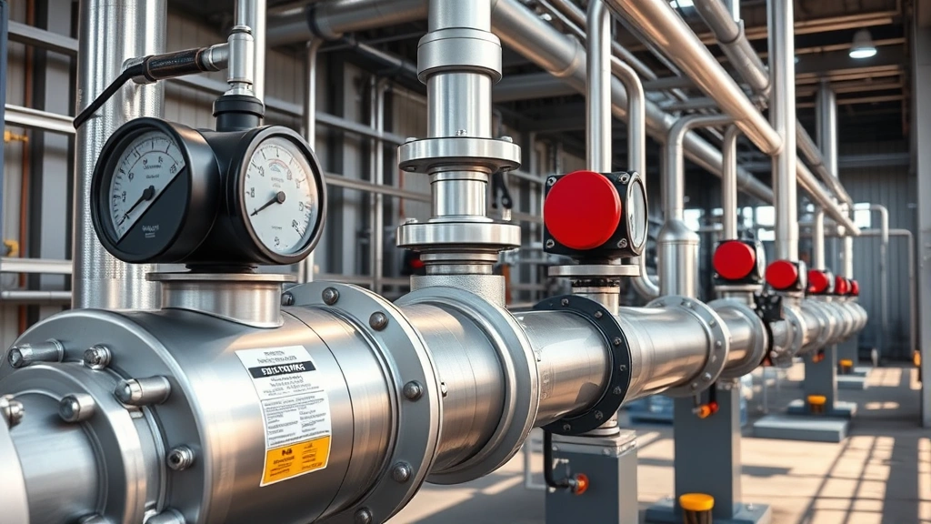 Modern gas distribution pipeline with advanced pressure monitoring equipment and digital sensors, showing sleek metallic pipes with safety markings in industrial setting, natural lighting highlighting technological components