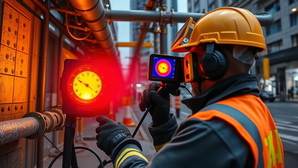 Professional technician using infrared thermal imaging equipment to detect gas leaks in urban pipeline infrastructure, modern equipment in hands, street-level utility maintenance scene with safety gear