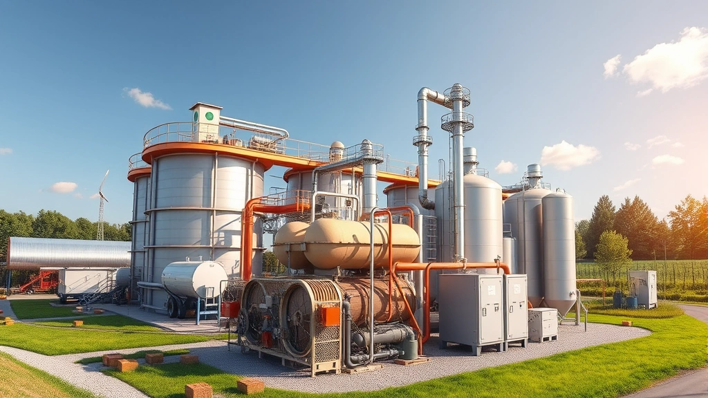 Biogas production facility with organic waste processing systems, renewable energy generation equipment converting waste to energy, modern sustainable infrastructure with green surroundings and clear sky