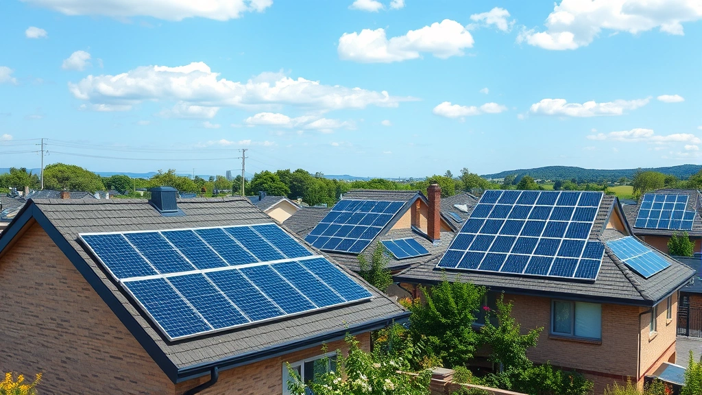 Modern solar panel array installation on residential rooftops with green landscape and blue sky, showing renewable energy infrastructure transition