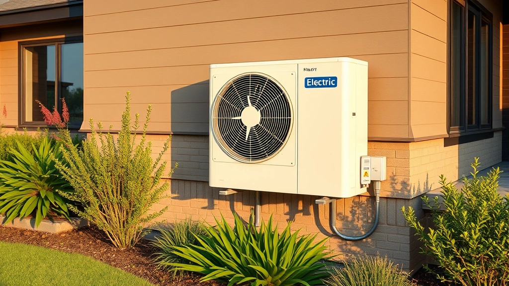 Electric heat pump unit mounted on exterior residential wall surrounded by landscaping and modern home architecture, demonstrating clean heating alternative