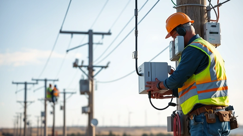 Utility workers installing advanced metering infrastructure and smart grid technology on utility poles with renewable wind turbines visible in distant background