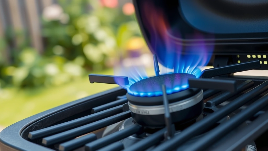 Close-up of portable gas grill burner igniting with blue flames, outdoor patio setting with greenery in background, natural daylight, showing efficient propane combustion process