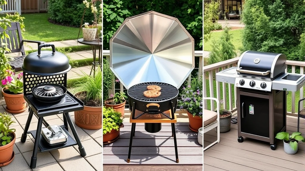 Side-by-side comparison of three outdoor cooking methods: portable gas grill, solar cooker with reflective panels, and electric grill on deck, surrounded by potted plants and eco-friendly outdoor furniture