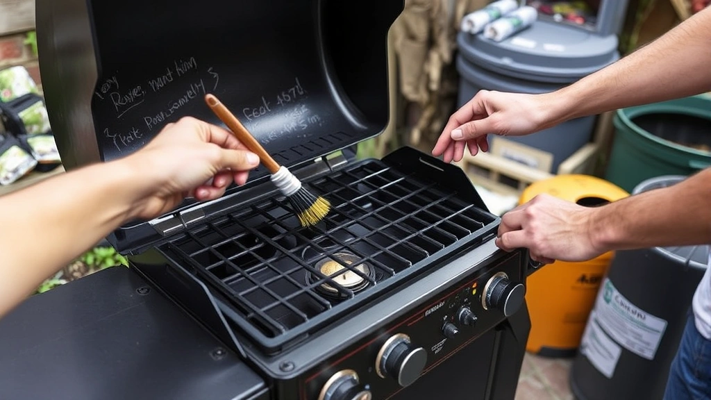 Hands performing maintenance on portable gas grill, cleaning burner components with brush, propane tank visible, sustainable living environment with recycled materials and compost bin nearby
