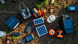 Overhead view of outdoor camping scene with battery-powered solar lanterns and rechargeable equipment arranged on natural ground, morning sunlight, no text or labels visible