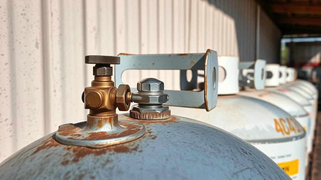Close-up of propane tank storage area outdoors with proper ventilation, showing weathered metal surface and safety valve details in natural daylight, no signage