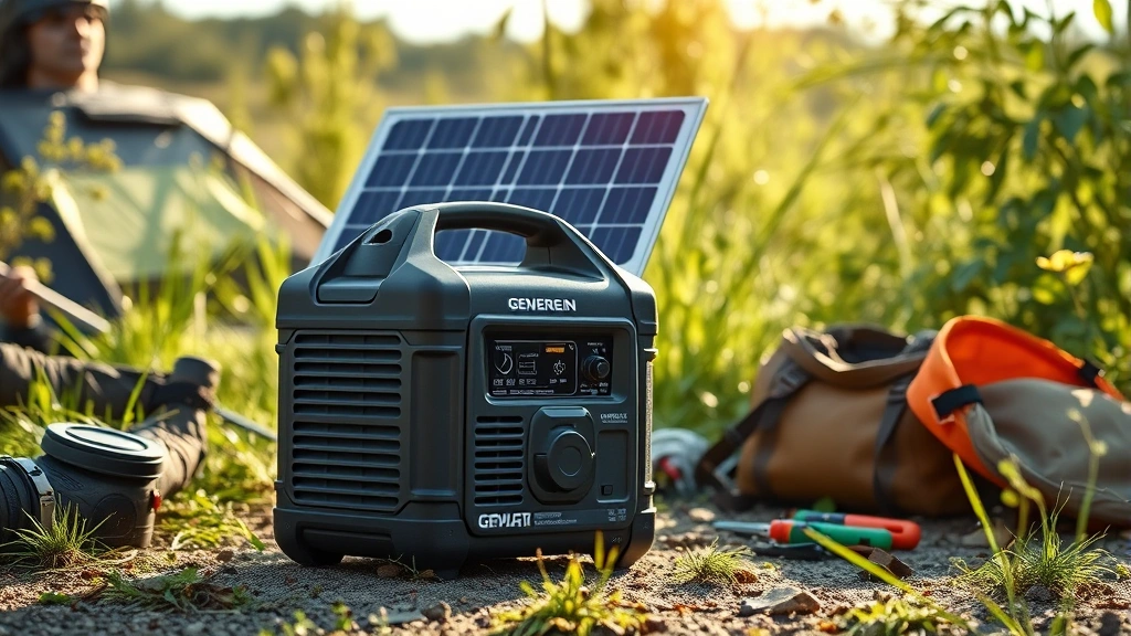 Modern portable generator with solar panel attachment in natural outdoor setting, surrounded by camping gear and green vegetation, realistic midday lighting