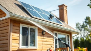 A residential house exterior being cleaned with an electric pressure washer powered by a visible solar panel array mounted on the roof, showing clean water spray on wooden siding and eco-friendly setup in morning sunlight