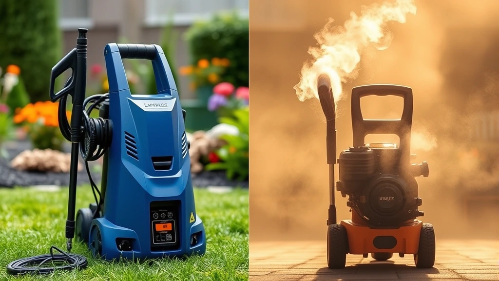 Side-by-side comparison scene: left side shows blue electric pressure washer with battery pack in a garden, right side shows gas pressure washer with visible exhaust fumes in hazy atmosphere, demonstrating emission differences