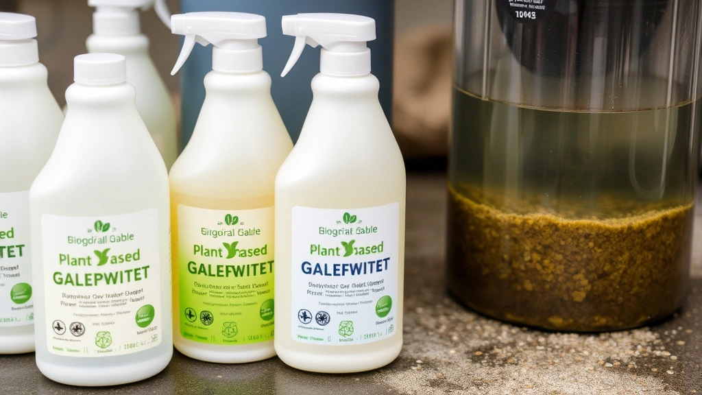 Close-up of biodegradable plant-based pressure washer detergent bottles arranged next to water filtration system with collected sediment, showing sustainable cleaning product alternatives and responsible runoff management