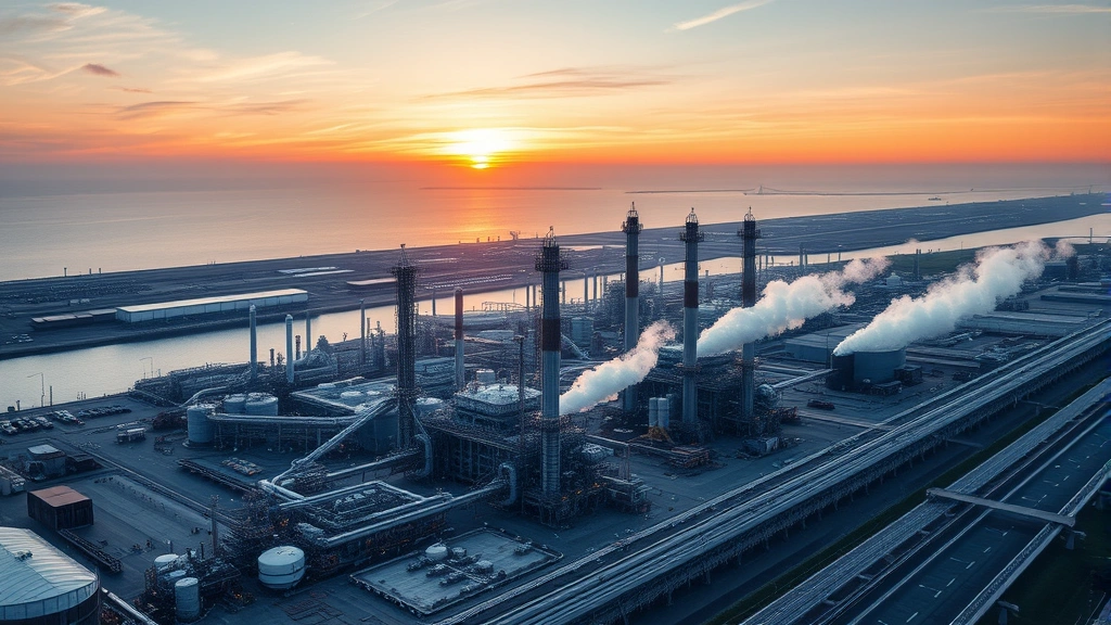 Aerial view of a modern petroleum refinery complex with multiple towers and pipelines along an industrial waterfront at sunset, steam rising, no text or labels visible