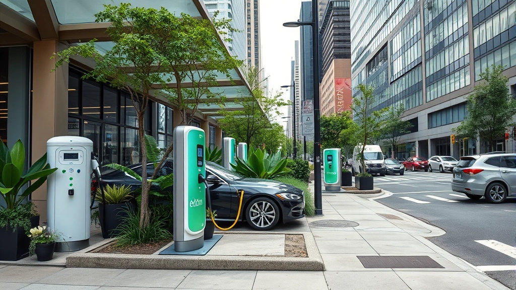 Electric vehicle charging station in an urban NYC setting with modern architecture and green plants, showing the transition away from fossil fuels, no text on signage