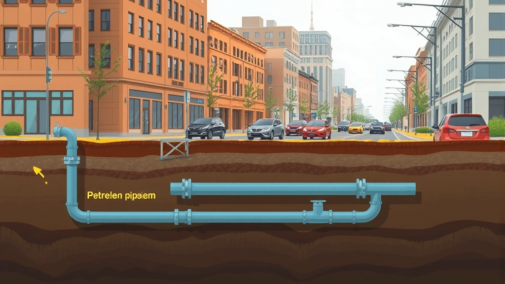 Cross-section illustration style showing underground natural gas and petroleum pipelines running beneath a busy city street with buildings above, earth tones, no text labels