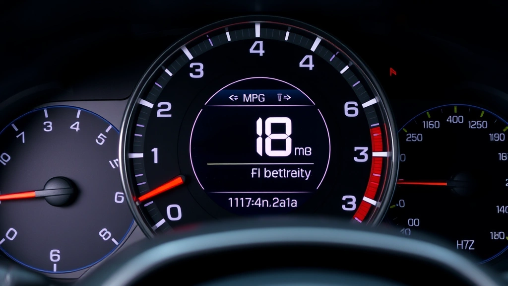 Close-up of car dashboard instrument cluster displaying fuel economy metrics and efficiency gauge, with hybrid battery indicator and MPG readout clearly visible on digital display