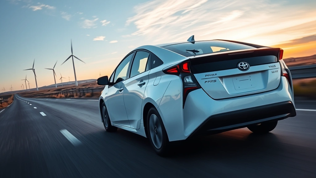 Side profile of white Prius driving on open highway with wind turbines in distant landscape, demonstrating efficient vehicle in motion through sustainable energy environment