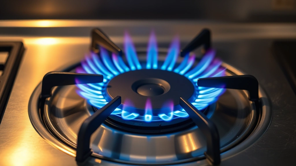 Photorealistic overhead view of modern propane gas burner on stainless steel stovetop with blue flames igniting, warm kitchen lighting, no text or labels visible, emphasizing clean combustion