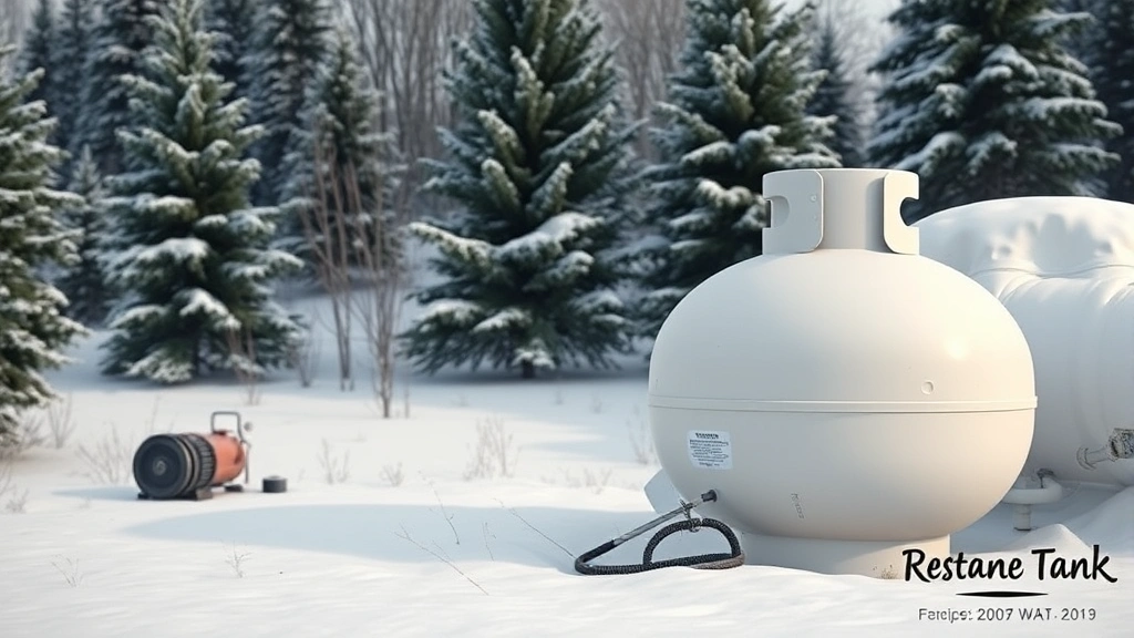 Photorealistic image of residential propane tank outdoors in snowy winter landscape with evergreen trees, showing storage infrastructure, no text visible, natural lighting