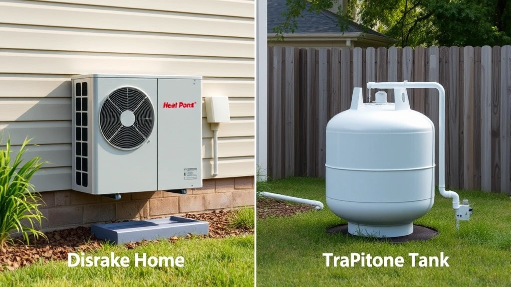 Photorealistic comparison scene showing heat pump unit installed on residential home exterior alongside traditional propane tank, both visible in yard setting, natural daylight, no text or signage