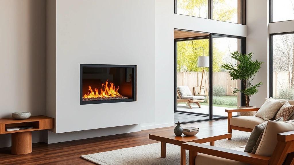 Modern propane gas fireplace with sealed combustion design, sleek contemporary frame, flames visible through tempered glass, warm amber glow illuminating a minimalist living room with sustainable wooden furniture, afternoon natural light from large window