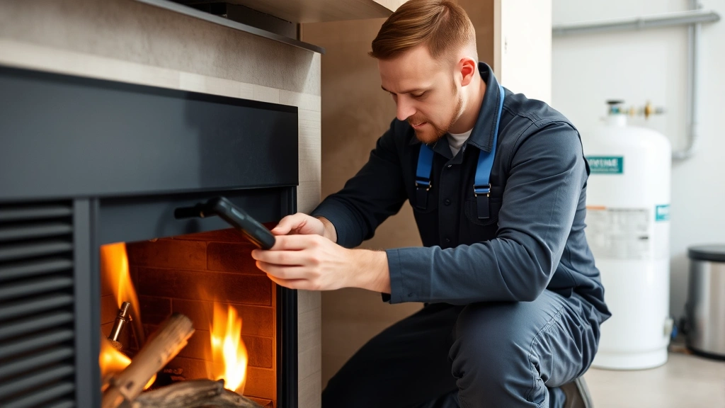 Professional HVAC technician inspecting propane fireplace burner assembly, using diagnostic tools, checking combustion efficiency, clean modern utility room with propane tank visible in background, detailed technical work