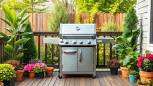Modern stainless steel propane gas grill on a wooden backyard deck surrounded by lush green plants and potted flowers, natural daylight, no people visible, photorealistic