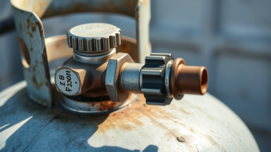 Close-up of propane tank valve and connection hose showing proper maintenance, with recycled steel texture visible, outdoor setting with diffused sunlight, photorealistic