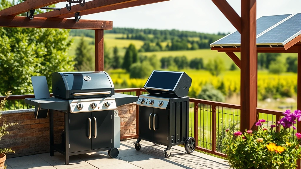 Family-sized electric grill positioned on a patio with solar panel array visible mounted on nearby roof structure, green landscape background, bright natural lighting, photorealistic